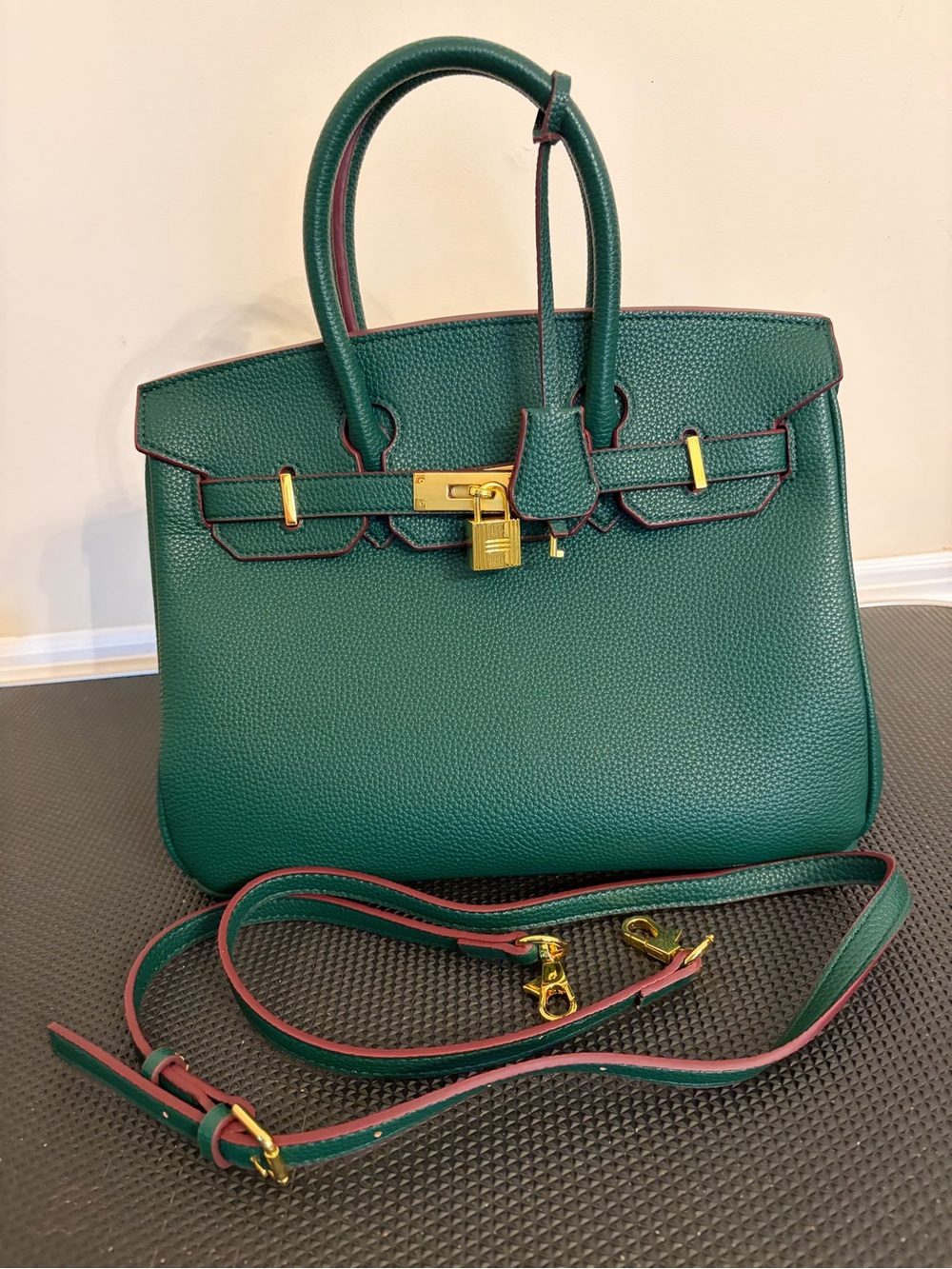 Forrest Green Structured Vegan Leather Top-Handle Satchel with Gold Hardware